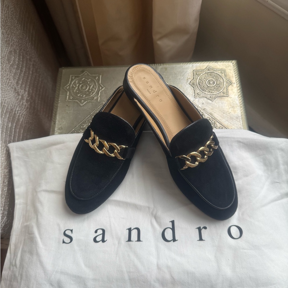 Sandro Black Mules with Gold Chain Detail.